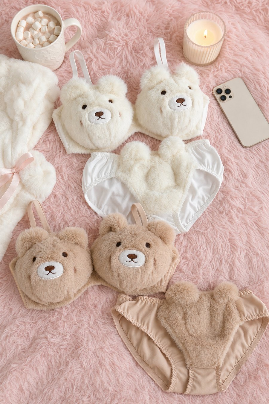 Bear Baddie bear bra set laid on a pink blanket