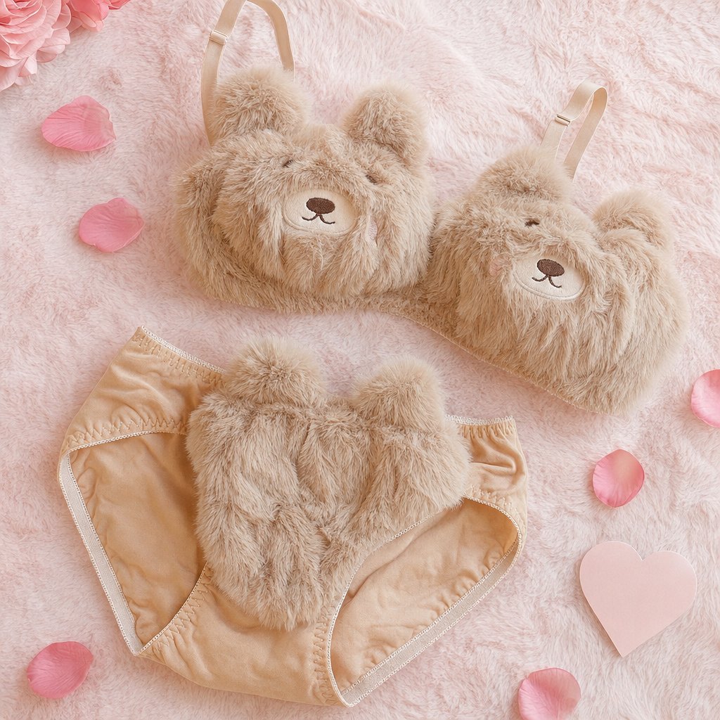 Bear Baddie plush bear bra and panty set in mocha